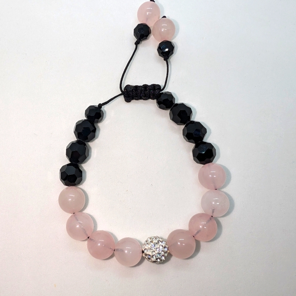 Rose quartz and onyx, adjustable bracelet